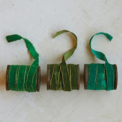 5 Yard Velvet Ribbon with Metallic Edges on Wood Spool - Greens