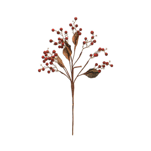 Matte red berry pick with natural brown leaves and stem.