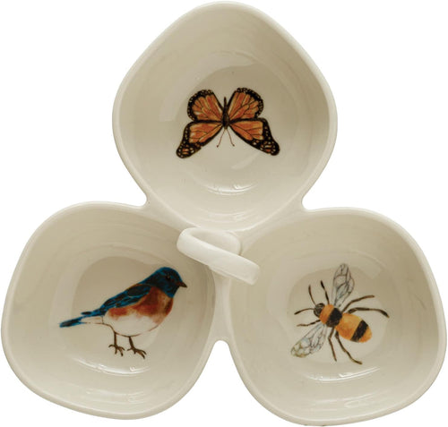 Stoneware Dish with 3 Sections, each has a bird or insert painted on the bottom.