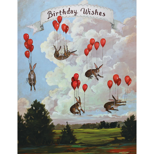 Birthday Wishes card with bunnies hanging from balloons.