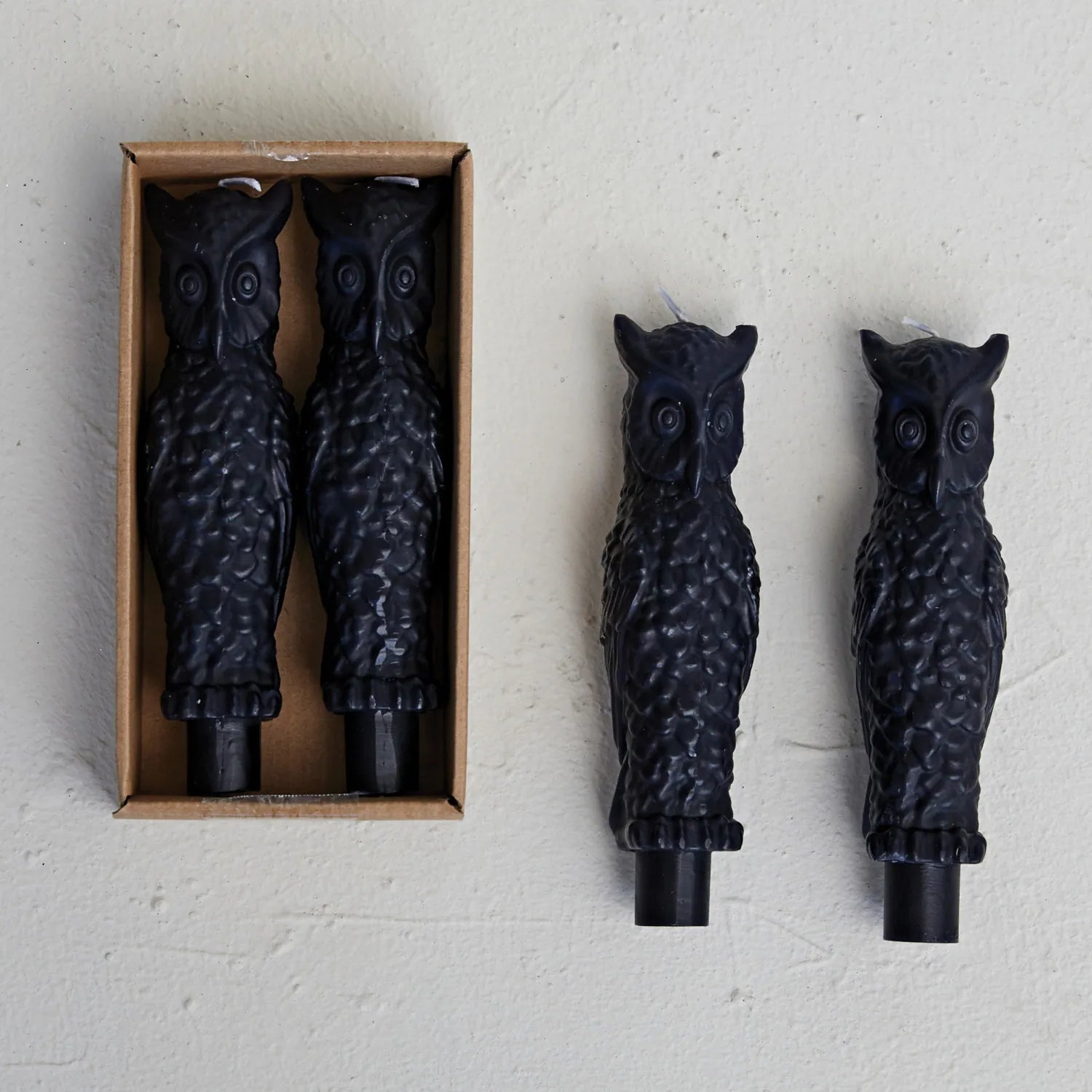 Creative Coop black owl taper candles box set of 2. 