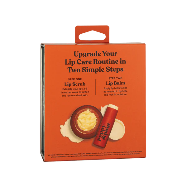 Lip care routine in two simple steps displayed on Poppy & Pout packaging. 