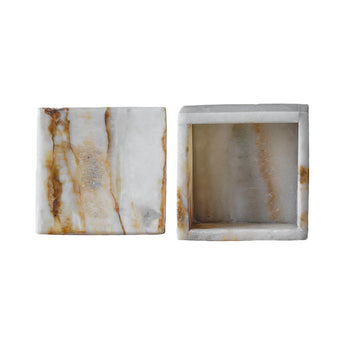 Brown and white onyx square box open with lid.