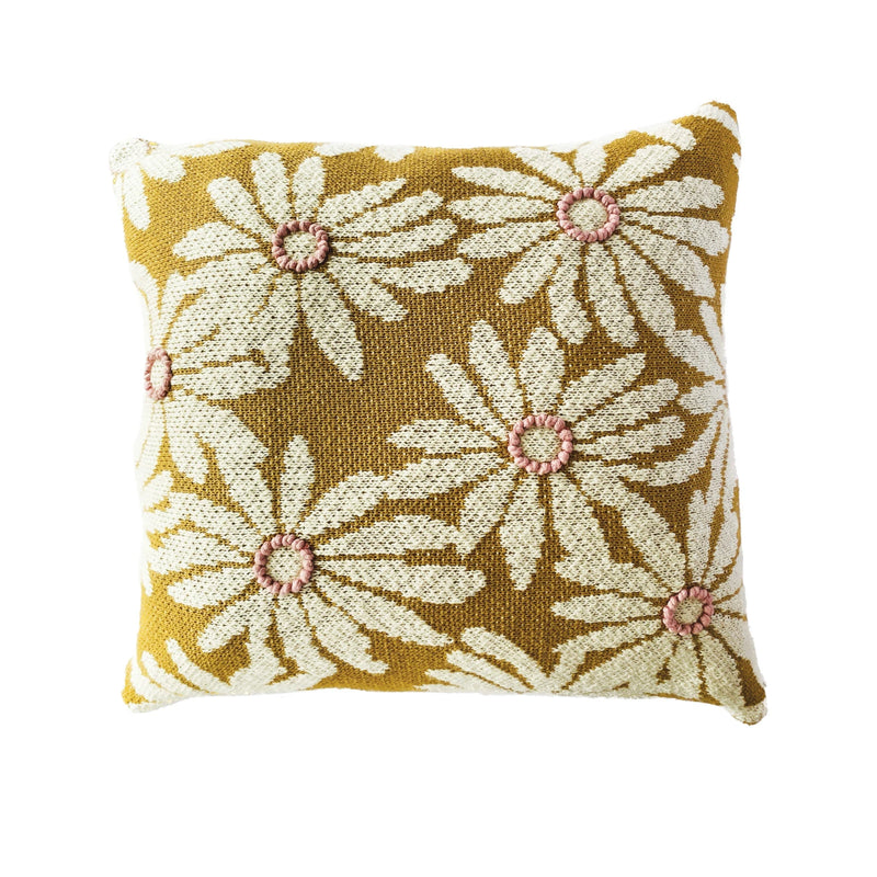 square cotton knit pillow with flowers and embroidery.