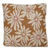 Mustard colored cotton square pillow with flowers and embroidery.