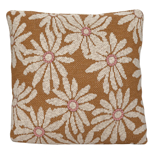 Mustard colored cotton square pillow with flowers and embroidery.