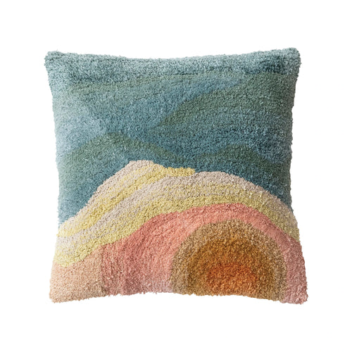Square cotton blend tufted pillow with abstract design. 