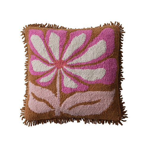 Square cotton tufted pillow with pink flowers and fringe.