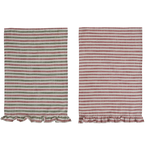 Two designs of striped cotton tea towels with ruffle detail.