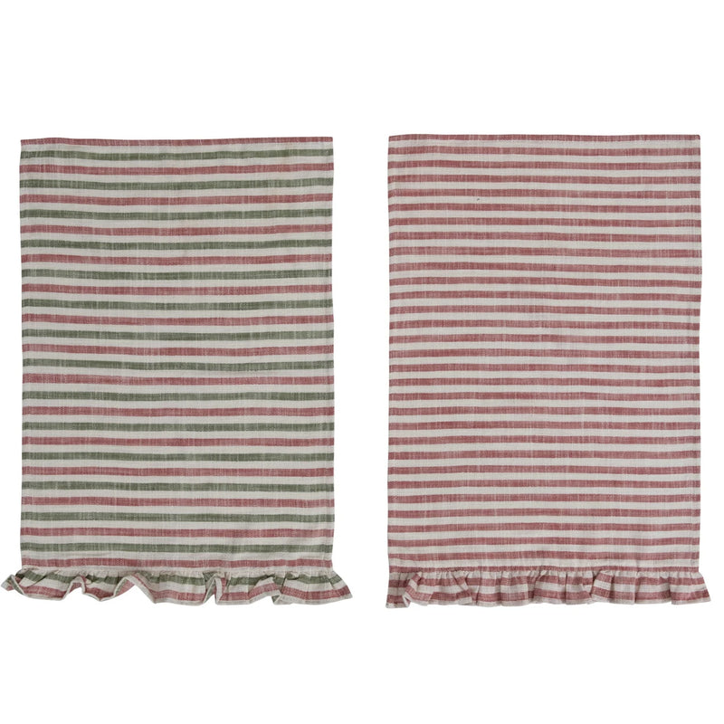 Two designs of striped cotton tea towels with ruffle detail.