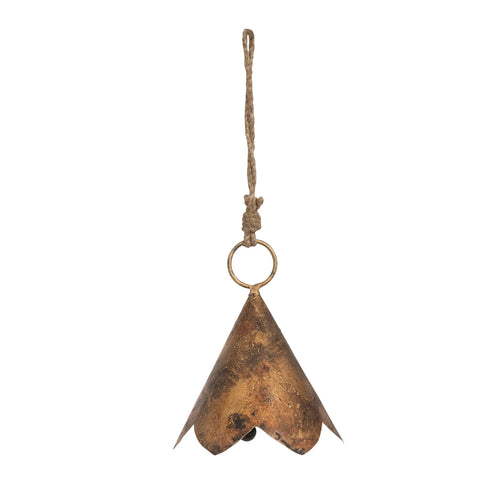 Metal bell ornament with distressed brass finish.