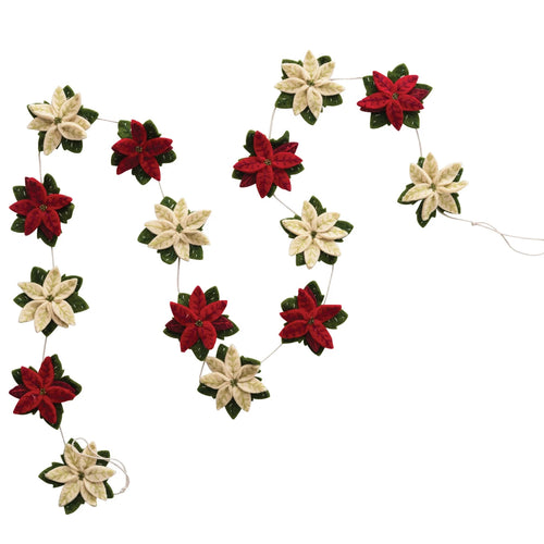 Wool felt poinsettia garland in red and cream colors with embroidery and beads.