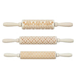 Carved wooden rolling pin with patterns for the perfect seasonal imprints on your baking.