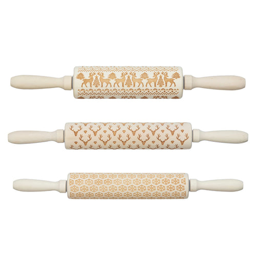 Carved wooden rolling pin with patterns for the perfect seasonal imprints on your baking.