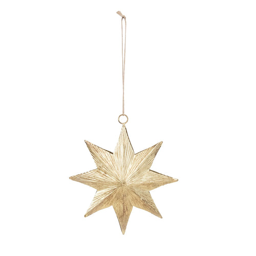 Embossed metal two-sided star ornament with a stunning antique brass finish. 