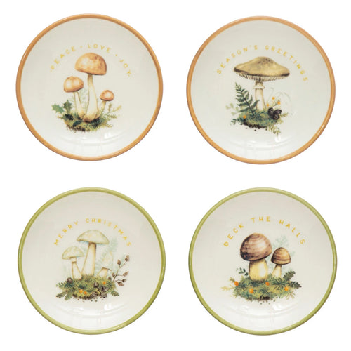 Small stoneware dishes with mushroom images and holiday greetings.