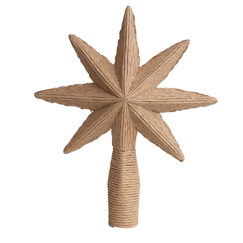 Woven star tree topper made out of paper and twine.