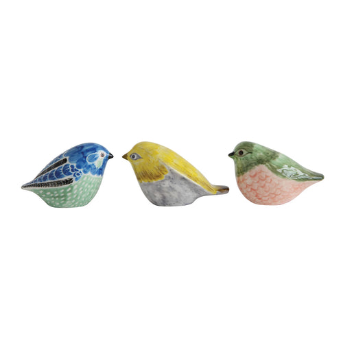 Three Hand-Painted stoneware birds in different colours. 