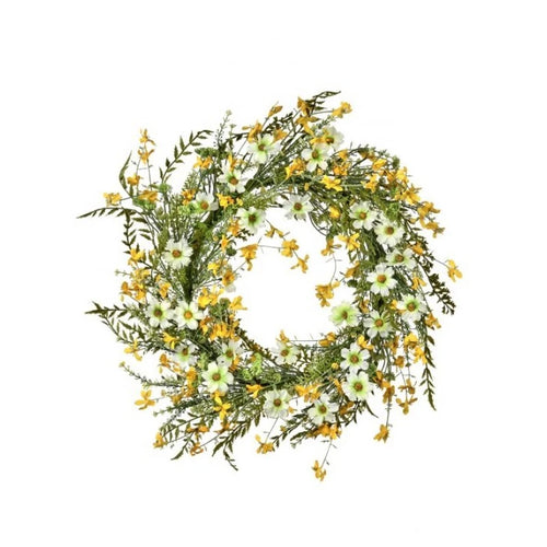 Artificial daisy and buttercup wreath in yellow and white tones.