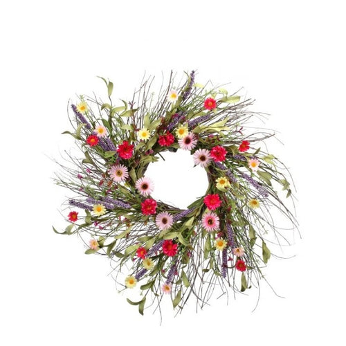 artificial daisy lavender wreath in multiple beautiful spring colors.