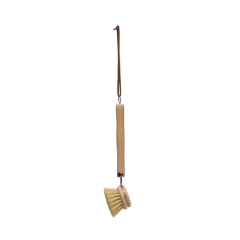 Long handle wooden dish brush with a leather strap for hanging.