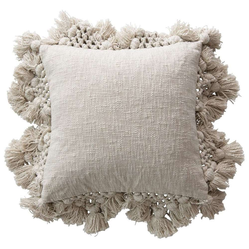 Cotton Cushion with Crochet & Tassels - Cream