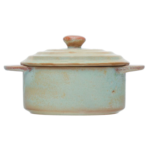 Stoneware mini baker in the color green with a glazed finish.