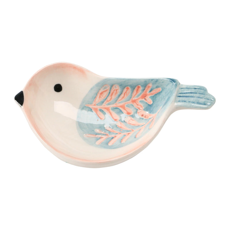 Stoneware bird dish with pink and blue detail.