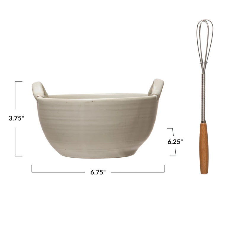 Measurements of a stoneware batter bowl set and a metal whisk with wooden handle.
