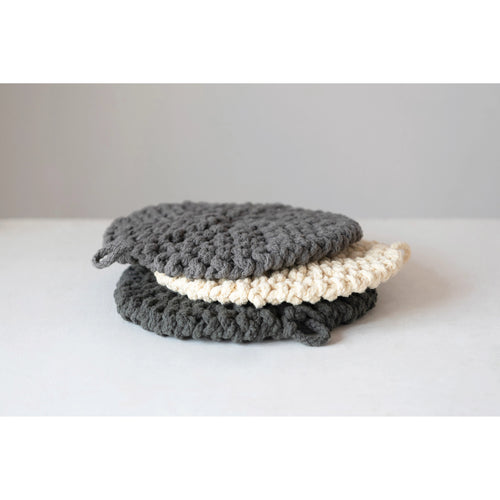 Round Cotton Crocheted Potholder in dark grey, cream and light grey.