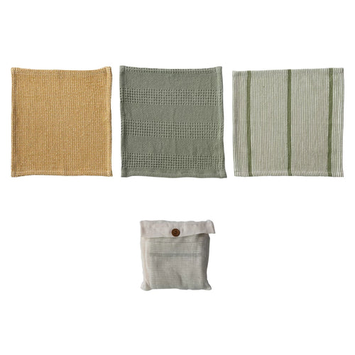 Set of three cotton waffle weave dish cloths with a cotton bag for storage. 