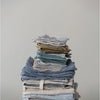 Stack of various styles of tea towels and dish cloths. 