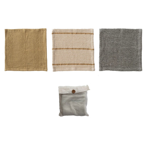 Set of three cotton waffle weave dish cloths that come in a nice bag together. 