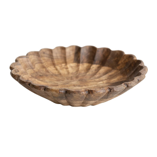 Inside view of the mango wood scallopped bowl with a natural finish.