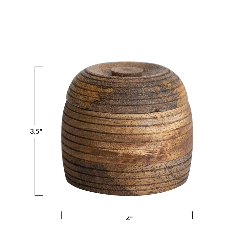 Measurements of the carved mango wood container with lid, burnt finish.