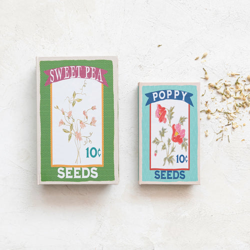 Book Storage boxes made to look like packages of seeds.
