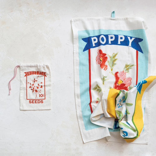 Cotton Tea towels with loop, designed to look like flower seed packages. 