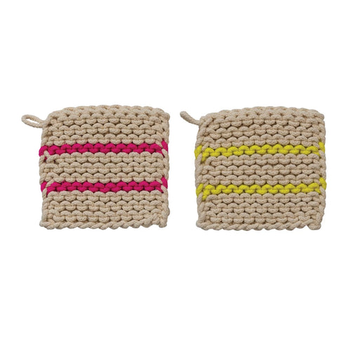 Two styles of crocheted pot holders with pink and yellow neon stripes.