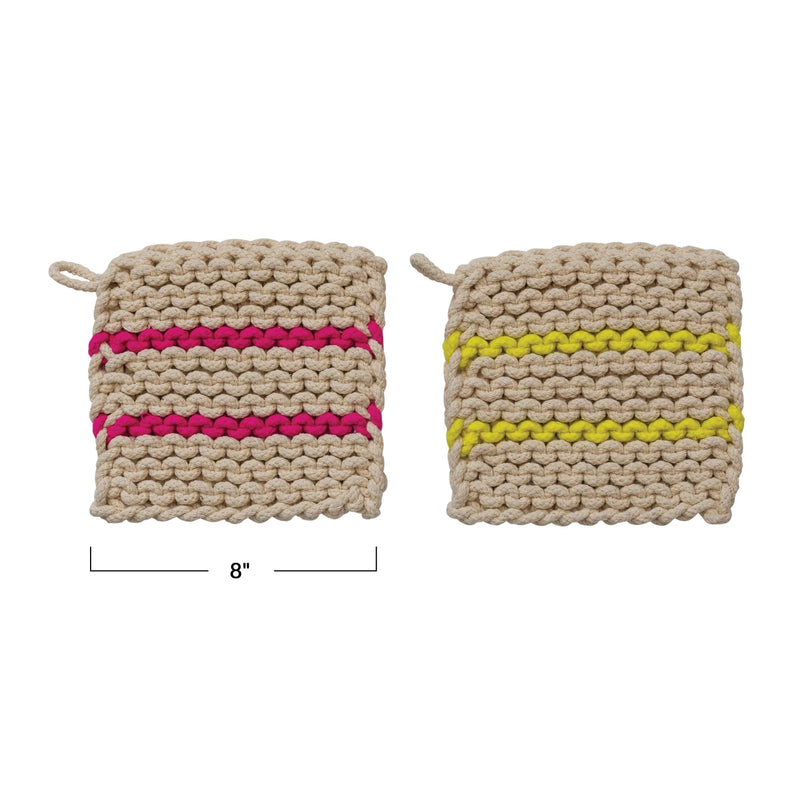 Measurements of the cotton crocheted pot holder with neon stripes.