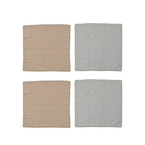 Set of four unfolded cotton napkins in blue and beige, with striped patterns. 