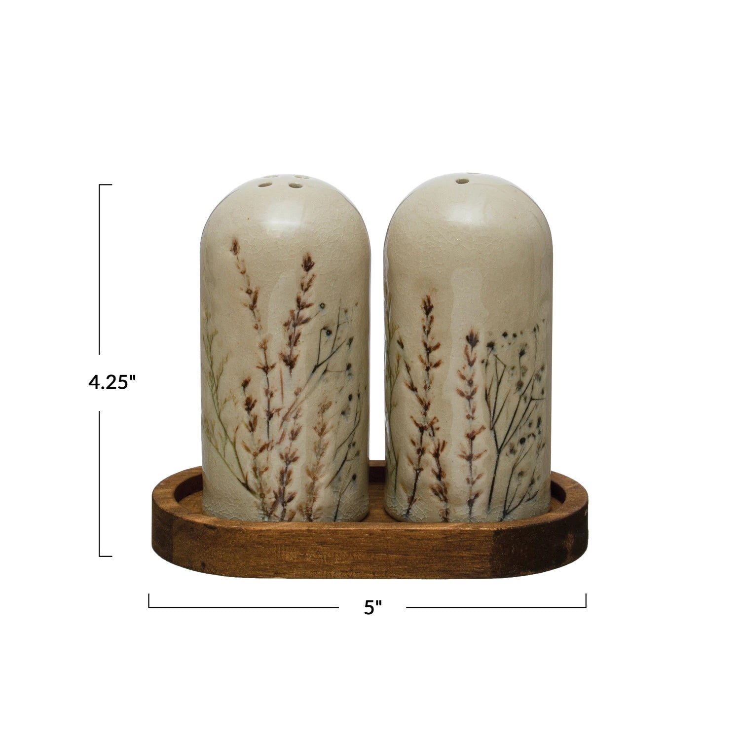 Measurements of the debossed stoneware floral salt and pepper shakers with wooden tray.