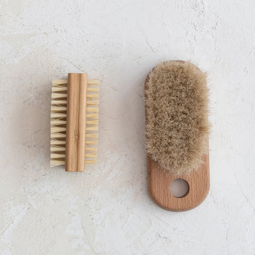 Bamboo and polyester scrub brush pictured with a larger, similar style brush.
