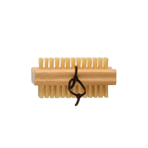 Two-sided bamboo and polyester scrub brush.