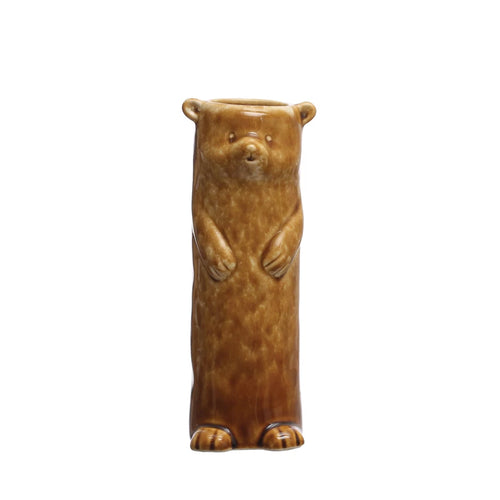 Stoneware bear vase with a reactive crackle glaze.