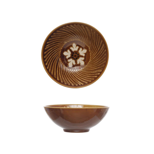 Hand Painted Brown Stoneware serving bowl with beautiful design on the inside. 