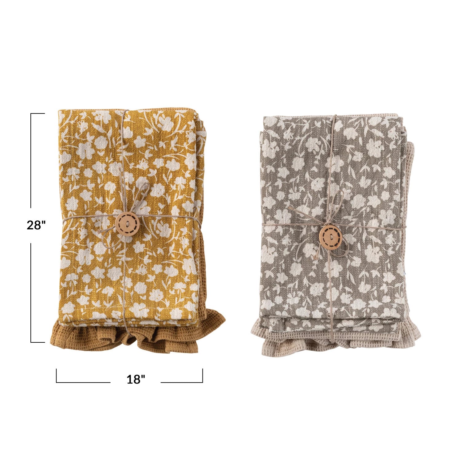 Measurements of the Set of two cotton slub printed and cotton waffle tea towels in the colors mustard and grey.