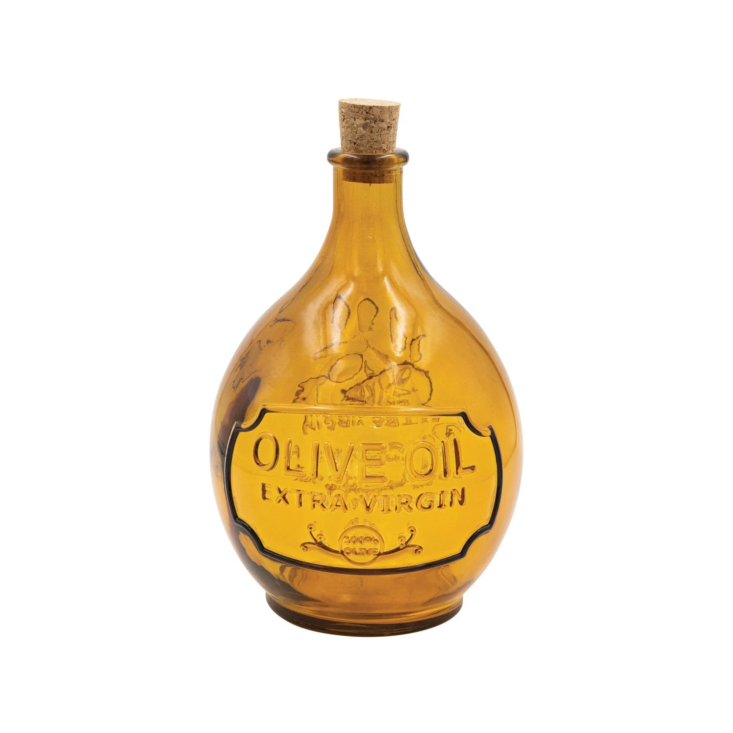Embossed recycled glass olive oil bottle with cork stopper.