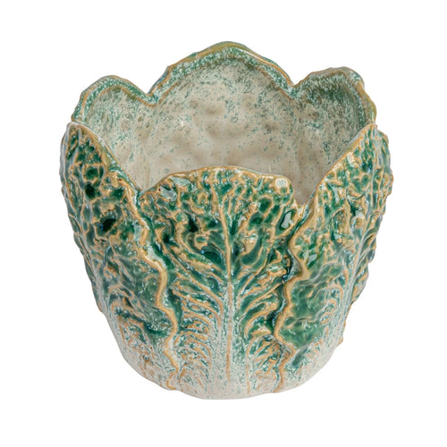 Stoneware cabbage shaped planter with a reactive glaze.