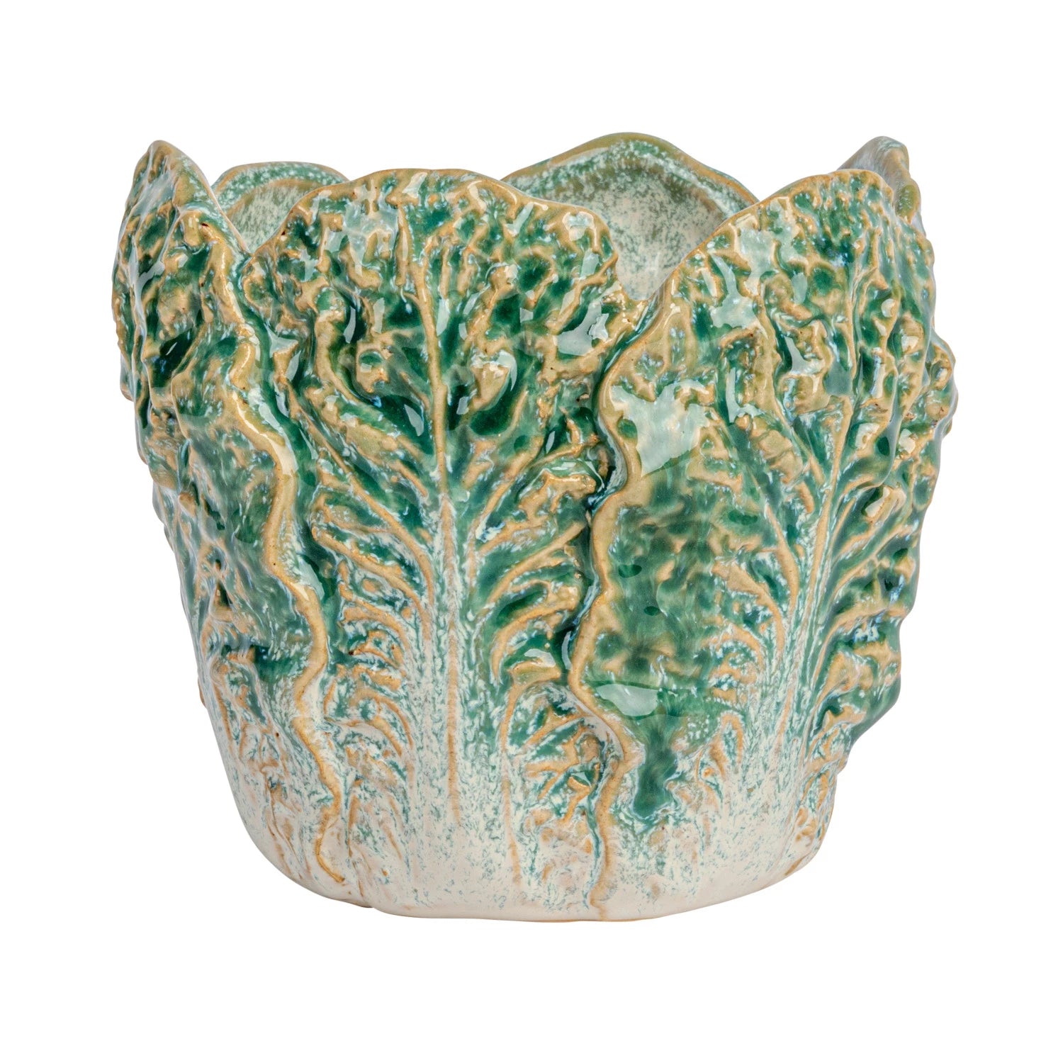 Side view of the stoneware cabbage shaped plant pot.