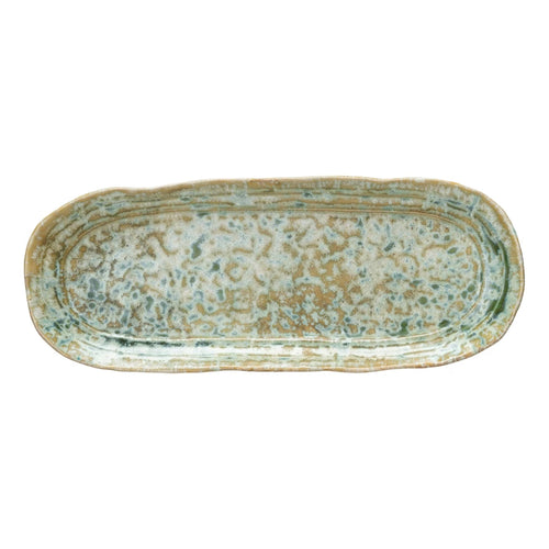 Stoneware Platter with a green reactive crackle glaze. 